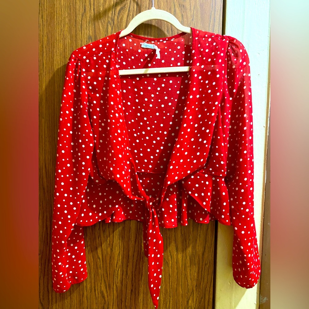 UO Red White polka dot Blouse, Mesh, S